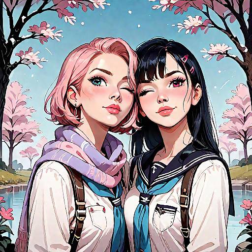 Two Anime Schoolgirls Winking Outdoors