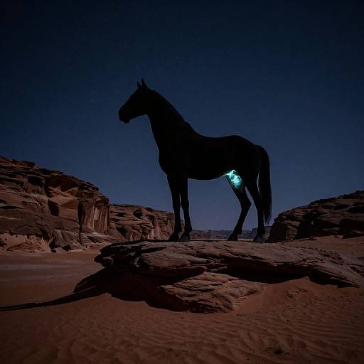 Silhouetted horse with glowing blue light in its flank stands on rocky desert terrain under a dark, starless night sky.