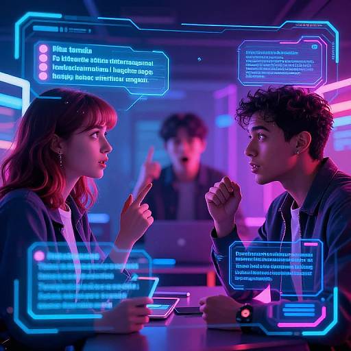 Photograph of a neon-lit, futuristic café with a young couple in profile, discussing on glowing blue interfaces, with blurred background.