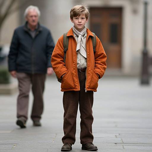 Photograph of a serious young boy in an orange jacket and brown pants, standing on a city street with an older man blurred in the background.
