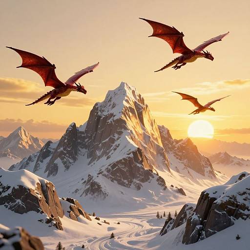Photorealistic digital art of two red dragons flying over a snow-covered mountain range at sunset, with golden light illuminating the peaks and a winding snow