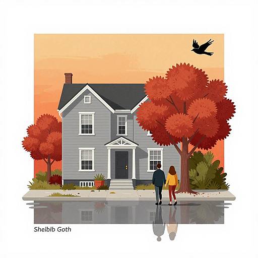 Couple Walking by Gray House with Autumn Tree