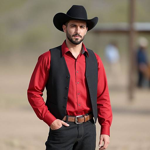 Photograph of a bearded man with a black cowboy hat, red shirt, black vest, and black pants, standing confidently outdoors.