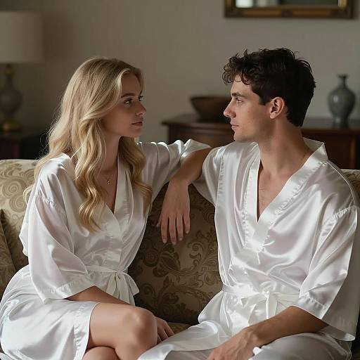 Couple in Satin Robes on Sofa