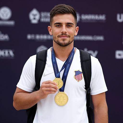 Man with Medal and Backpack Pose