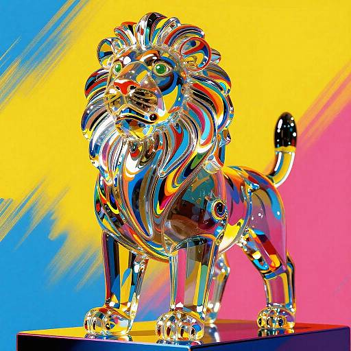 Bright, colorful photograph of a reflective, metallic lion statue with a green eye, standing on a black surface against a vibrant yellow and blue gradient background.