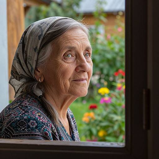 Photograph of an elderly woman with wrinkled skin, gray hair, and a patterned headscarf, gazing thoughtfully outside a window with