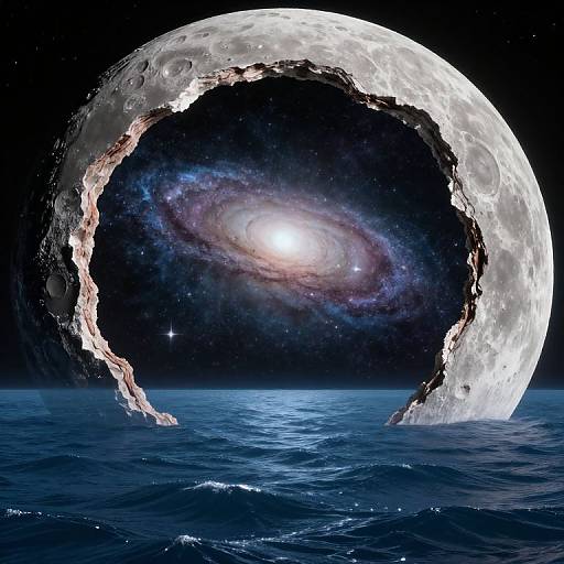 Digital art of a glowing, crescent moon arching over a dark, starry sea, with a spiral galaxy and bright star shining behind.