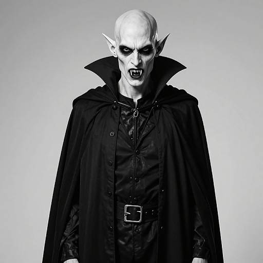 Photograph of a white-skinned, bald, vampire-like figure with pointed ears, black cloak, high collar, and fangs, set against a