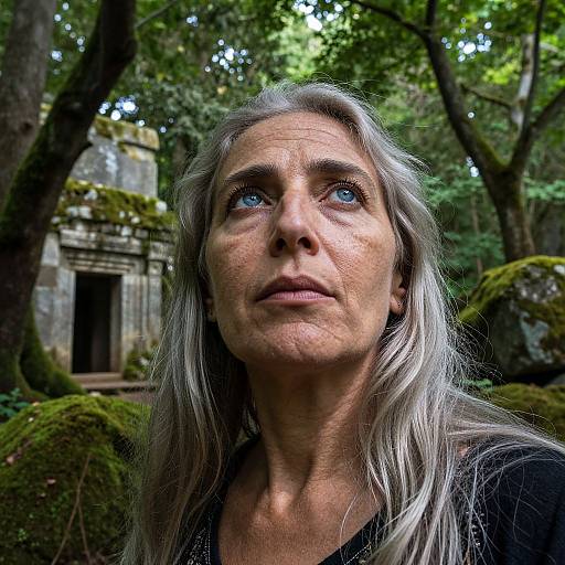 Photograph of a middle-aged woman with long gray hair and blue eyes, looking upward in a mossy, forested temple setting.