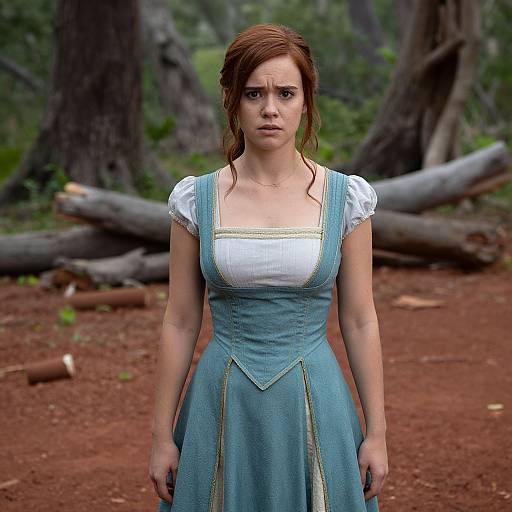 Photograph of a red-haired woman with serious expression, wearing a blue, pinafore-style dress over a white blouse, standing in a forest with