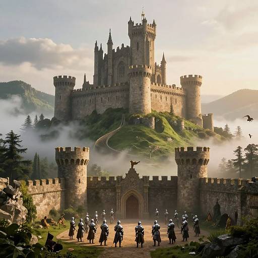 Digital artwork of a grand medieval castle with towers, surrounded by misty mountains and forest, guarded by soldiers in white helmets and black uniforms approaching the entrance