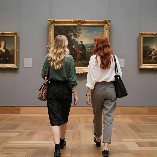 Two Women Walking in Art Gallery