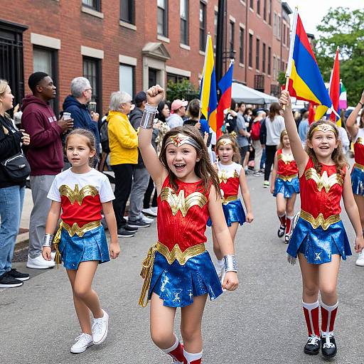 Photograph of three young girls in Wonder Woman costumes, red tops, blue skirts, and headbands, marching in a lively street parade, holding flags