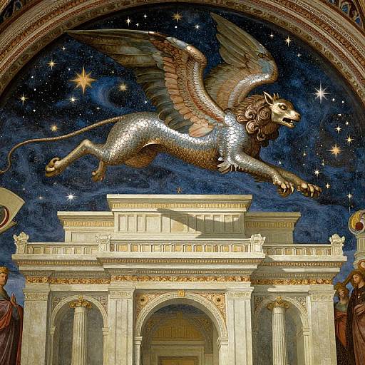 Mosaic of a silver, winged lion with a lion's head soaring above a grand, illuminated classical archway, surrounded by stars.