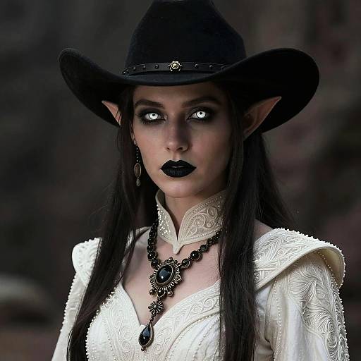 Fantasy Elf Woman in Cowboy Hat and Intricate Dress