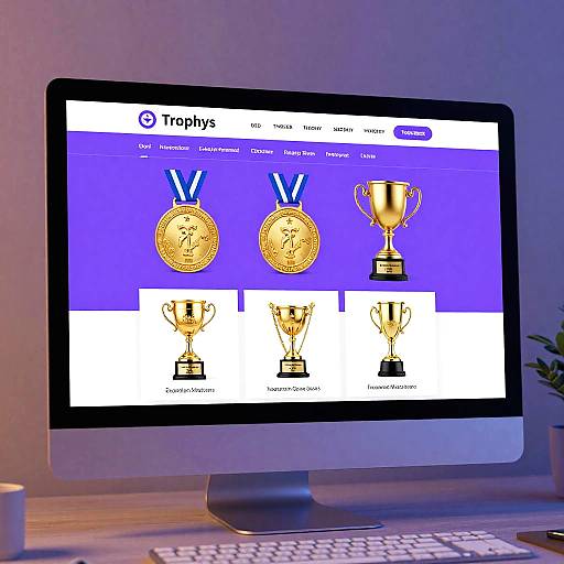 Photograph of a computer monitor displaying a Trophys website with gold medals and trophies on a blue background. White keyboard and desk visible in the foreground.