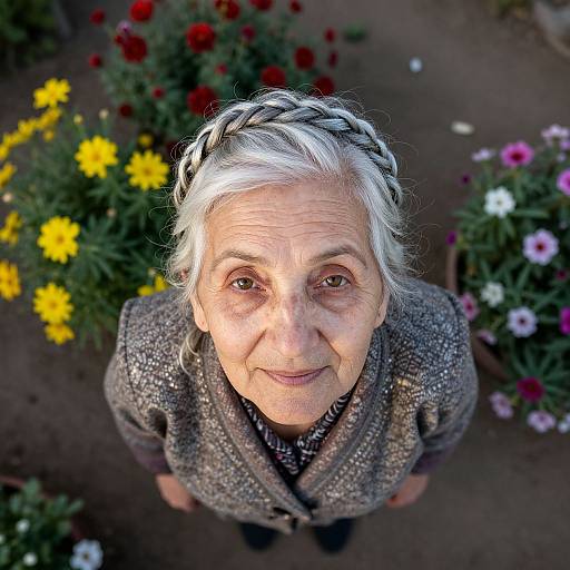 Photograph of an elderly woman with white hair in a braid, wearing a gray patterned coat, looking up with a gentle smile, surrounded by