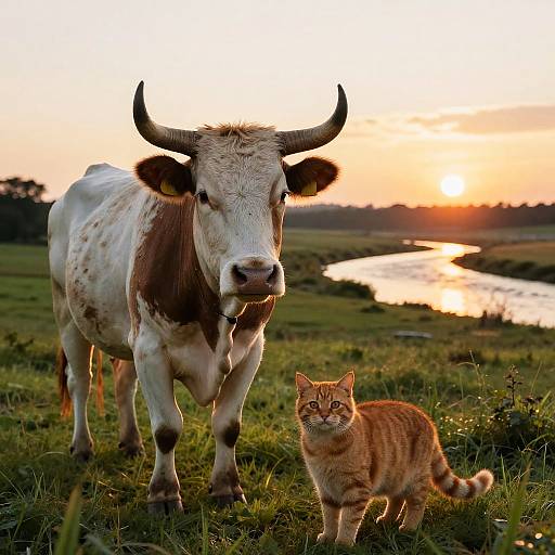 Photograph of a white and brown cow with large horns standing beside an orange tabby cat at sunset, near a reflective river.