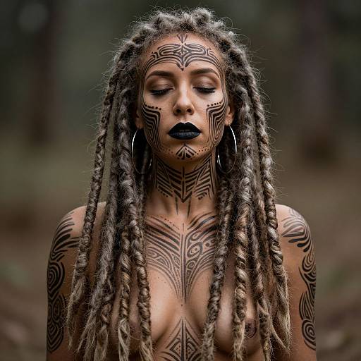 Photograph of a topless Black woman with long, gray-tipped dreadlocks, black tribal face paint, black lipstick, and hoop earrings, standing