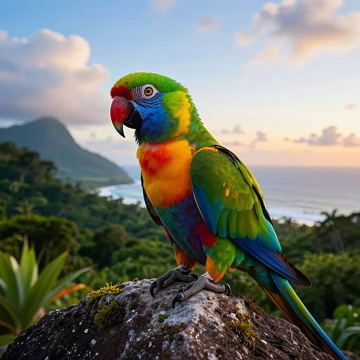 Vibrant rainbow lorikeet perched on a mossy rock, set against a lush tropical landscape and a colorful sunset sky. Photorealistic
