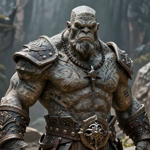 Digital CGI of a muscular, tattooed, bald orc warrior with a grizzled beard, wearing metallic armor and a bead necklace, standing in a
