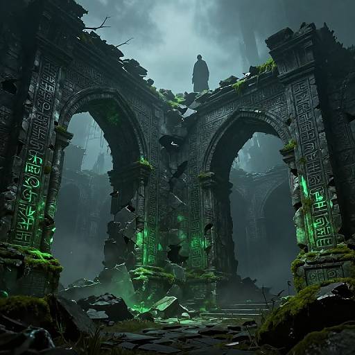 Digital artwork of a dark, ancient ruin with glowing green runes, moss-covered arches, and a lone figure standing atop the arches in misty