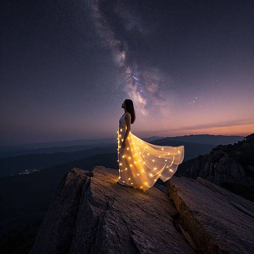 Photograph of a woman in a glowing, yellow, fairy-light dress silhouetted against a starry night sky and Milky Way, standing on