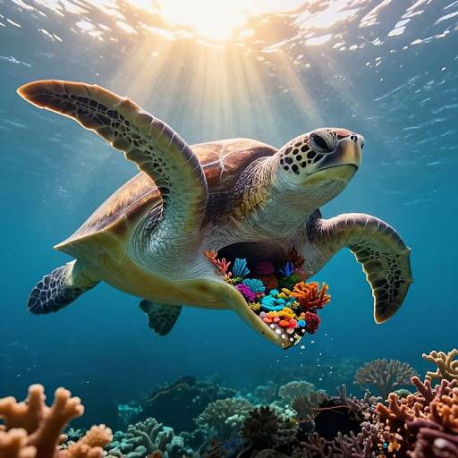 Photograph of a sea turtle gliding above a vibrant coral reef, sunlight filtering through the clear blue ocean water above.