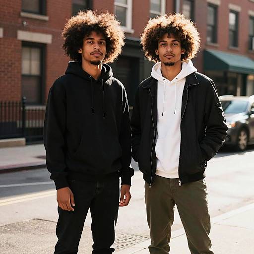Photograph of two young men with large afros, standing on a sunlit urban street, wearing black and white hoodies, against a red-br