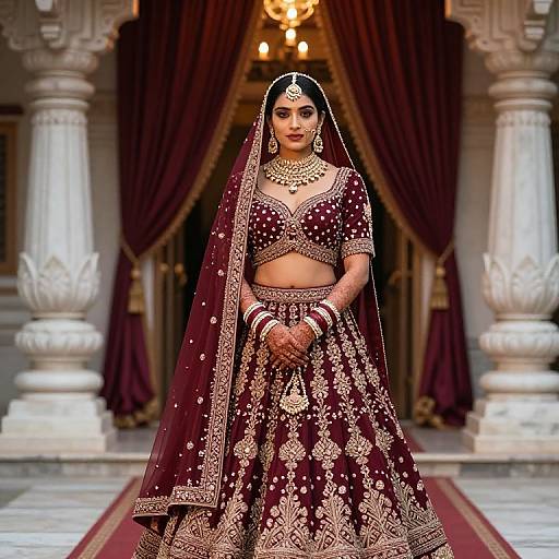 Photograph of a South Asian bride in a maroon, gold-embroidered lehenga, veil, and jewelry, standing in an ornate