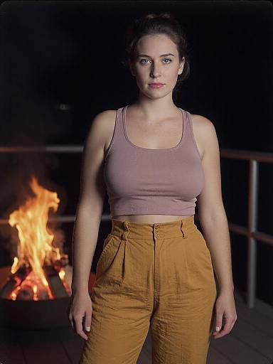 Photograph of a Caucasian woman with fair skin and dark hair, wearing a pink crop top and mustard pants, standing in front of a burning fire at