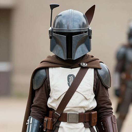 Photograph of a Mandalorian character in black helmet with antennae, brown cloak, white armor, and brown belt, standing outdoors. Blurred background