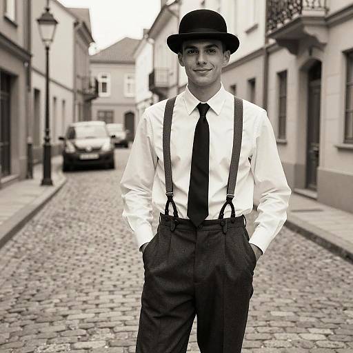 Vintage Style Young Man on Cobblestone Street
