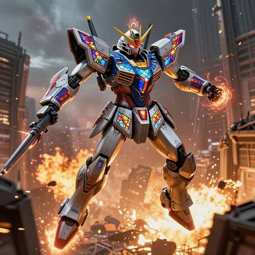 Photorealistic CGI of a colorful, glowing, humanoid robot with a red eye, firing a cannon, hovering above a fiery, urban battlefield.