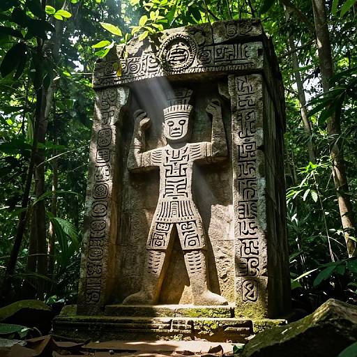 Photograph of an ancient Mayan stone statue with intricate carvings, sunlight streaming through dense jungle foliage, highlighting its detailed patterns.