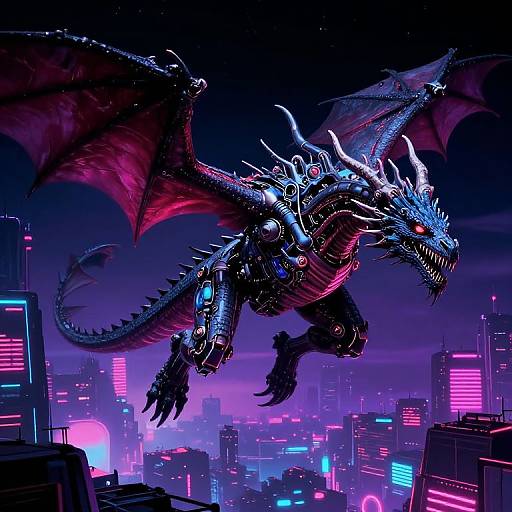 Digital artwork of a glowing blue, neon-lit cyber dragon soaring over a futuristic, neon-drenched cityscape with vibrant purple and pink lights.