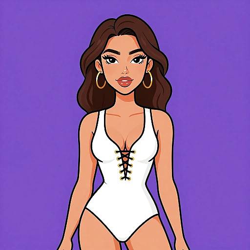 Digital illustration of a curvy woman with long brown hair, wearing a white lace-up bodysuit, large gold hoop earrings, and purple background.