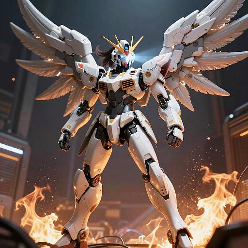 Digital illustration of a white, winged, humanoid robot with glowing blue eyes standing in fiery flames, set against a dark, industrial background.