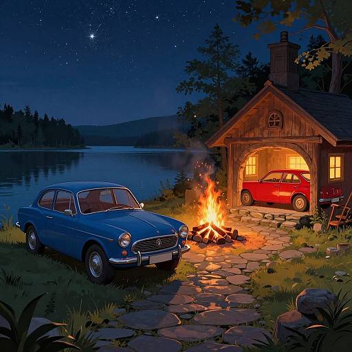 Serene Night Lakeside with Vintage Cars