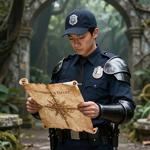 Photograph of a serious Asian male police officer in medieval armor, reading an ancient parchment map in a lush, mossy, archway forest.
