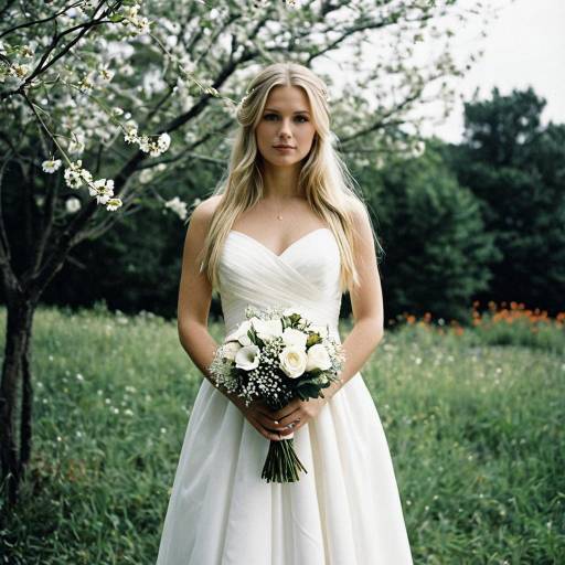 Blonde Bride in White Mini Wedding Dress Holding Bouquet