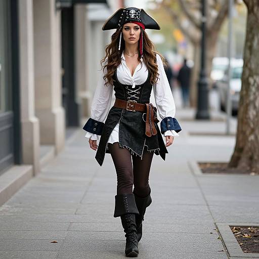 Photograph of a woman in a white shirt, black pirate hat, and black pirate outfit with brown belt and boots, walking down a city sidewalk.
