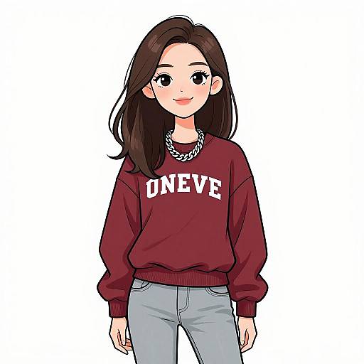 Digital anime-style drawing of a smiling young woman with long brown hair, wearing a red 