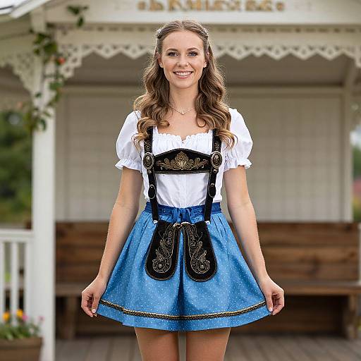 Photograph of a smiling young woman in a white blouse and blue dirndl skirt with black lace trim, standing in front of a white porch.