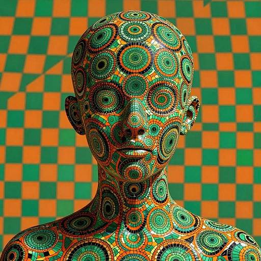 Photograph of a mosaic-patterned, bald human bust with circular designs in green, orange, and black, set against a checkered green and orange