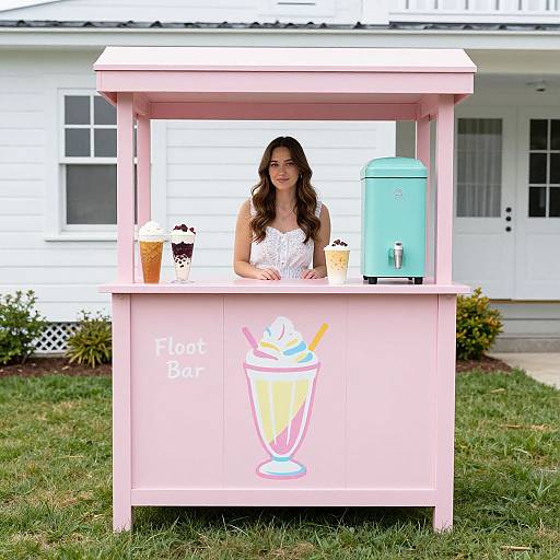 Woman at Pastel Pink Ice Cream Float Bar