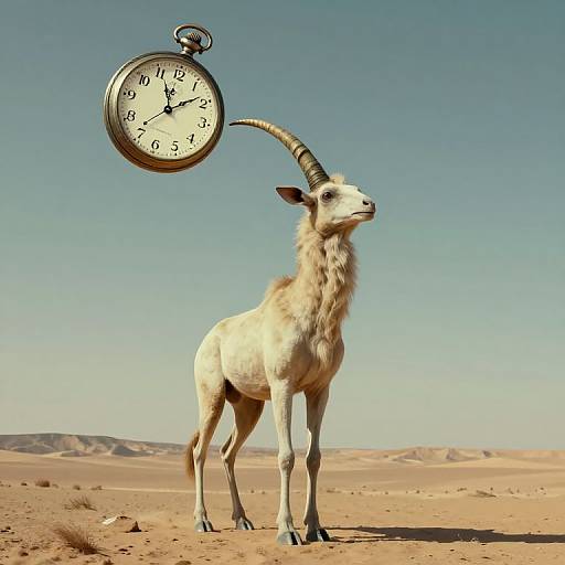 Photograph of a white goat with curved horns, standing in a desert, looking up at a floating antique pocket watch. Clear blue sky and sandy d