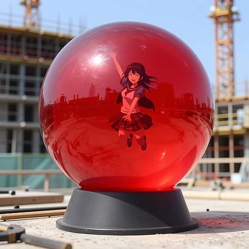 Photorealistic digital art: red glass sphere with anime girl in school uniform inside, arms raised, outdoor construction site background.