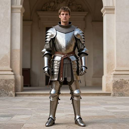 Photorealistic CGI of a young man in shiny medieval silver armor, standing confidently in a stone-columned courtyard.